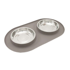 Grey double cat diner with stainless steel bowls. 