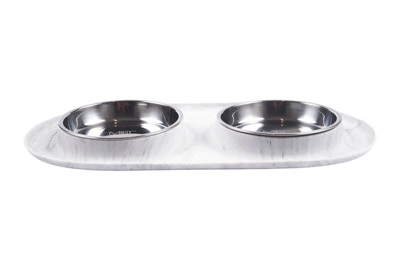 Marble looking double cat bowl.  Designed to catch the mess and reduce whisker fatigue. Wide bowls 1.75 cups per bowl. 