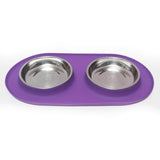 Purple cat feeder with two stainless steel bowls.  No slip design.