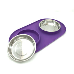 Purple double cat feeder with removable stainless steel bowls. Non slip base to help control the mess. 