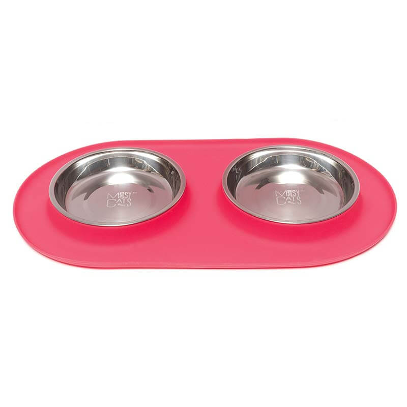 Watermelon  or some say red cat feeder with two removable stainless steel bowls. 