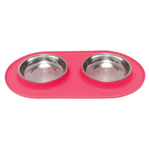 Space saving cat bowls. Silicone double cat diners.  three colours including watermelon, grey, and purple.