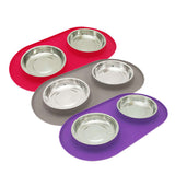 Space saving cat bowls. Silicone double cat diners.  three colours including watermelon, grey, and purple.