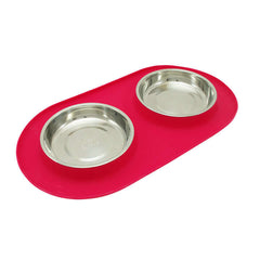 Silicone Non slip cat bowl with removable stainless steel bowls.  Dishwasher safe.