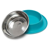 Blue non slip dog feeder with removable stainless steel bowl.  Dishwasher safe. 