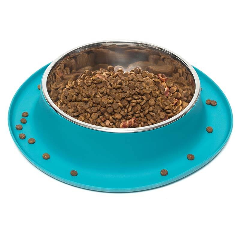 Blue extra large silicone and stainless steel dog bowl.  Raise edges to catch the spills and mess. 