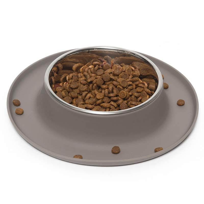 Grey medium dog feeder that protects the floor from spills. 