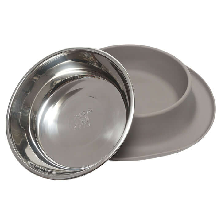 Grey dog feeder with removable dishwasher safe bowl and base. 