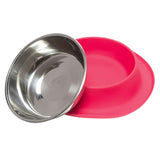 Red silicone base with removable stainless steel bowl for easy cleaning.  Dishwasher safe. 