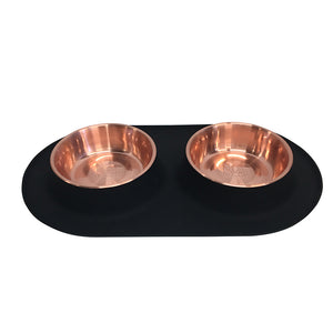 Size medium black double dog diner with copper colored stainless steel bowls. 