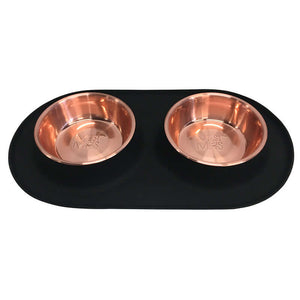 Black silicone double dog diner with copper colored bowls.