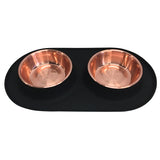 Size medium black double dog diner with copper colored stainless steel bowls. 