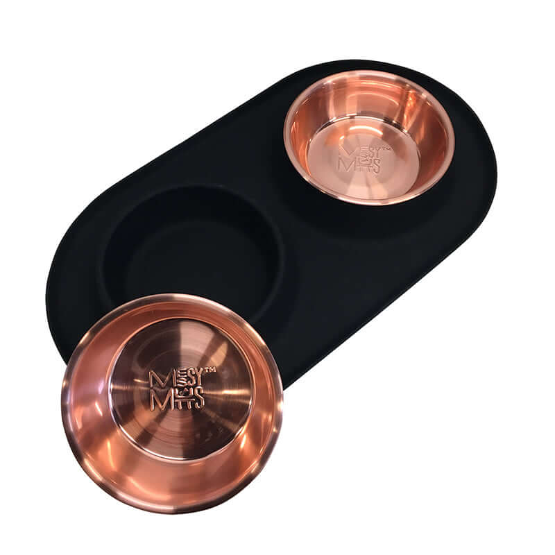 1.5 cup or 3 cup capacity dog bowls.  Copper color double dog feeder.