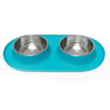 Blue double dog bowl.  Designed to catch the spills and mess. 1.5 cups per bowl.  Dog bowl and water bowl side by side!