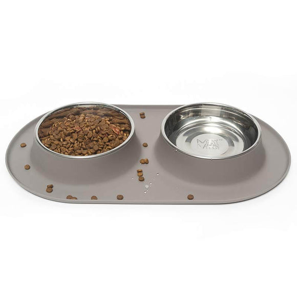 Grey dog bowl and dog water bowl all in one!  Catchs the spills with the raised lip around the edge. 