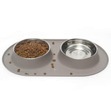 Dog food bowl and water bowl side by side.  Non slip design.  Dishwasher safe.  