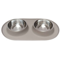 Grey non slip double dog feeder. Staineless steel dog bowls. 