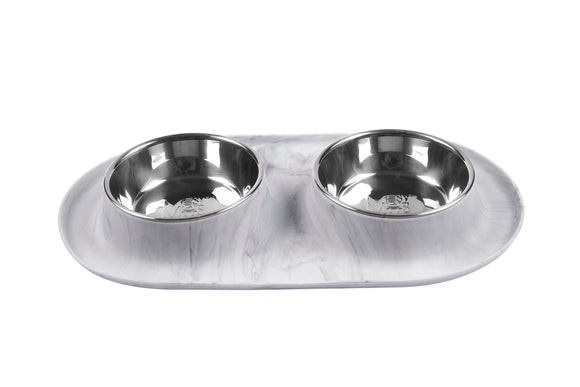 Marble looking medium size double dog bowl.  1.5 cups per bowl.  Space saving dog bowl design.