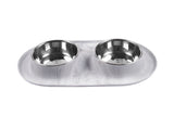 Marble looking medium size double dog bowl.  1.5 cups per bowl.  Space saving dog bowl design.