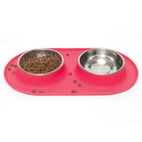 Red dog bowl hiolder with stainless steel bowls. Dishwasher safe, easy to clean. 