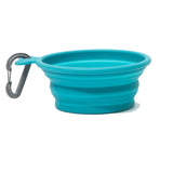 Blue Collapsible silicone dog travel bowl with carabiner 3 cup capacity.