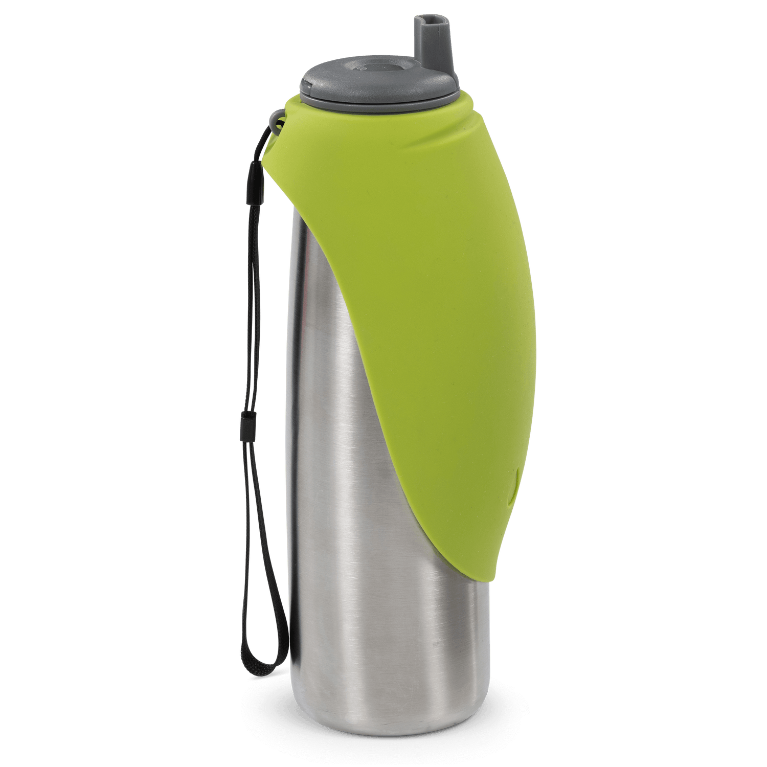Green and stainless steel stay cool insulated travel dog water bottle.  Fits standard car cup holders.  600 ml capacity. 