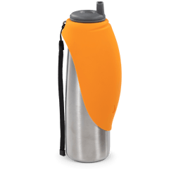Orange and stainless steel travel dog water bottle.  Stays cols for hours due to insulated design. 