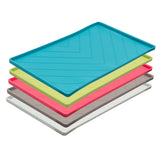 Silicone dog bowl mats with raised edge to contain mess and spills.  Wire reinforced for easy carrying.