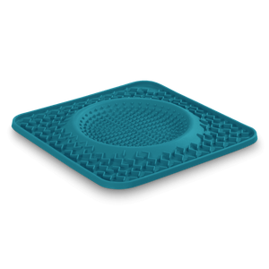 Dog Lick bowl mats in three colors.  Blue, Grey and Watermelon. The raised lick bowl holds up to 1 cup of liquid.