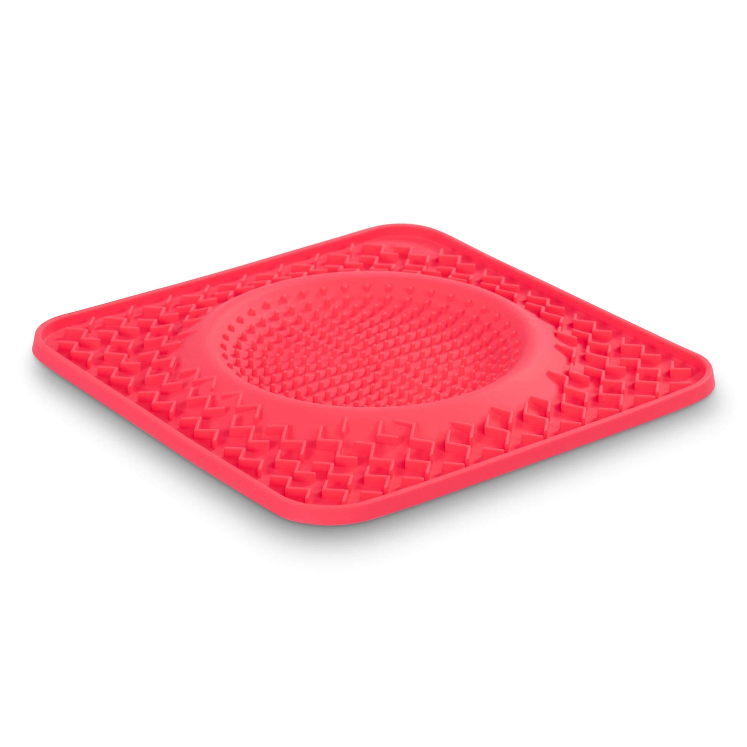 Our red (watermelon) 10 inch by 10 inch lick bowl mat can be frozen with treats for prolonged licking action!  Liquids in the center and spreads around the edges. 