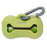 Green dog poop bag holder.  Clips to leash for easy access. Holds rolls or easily stuff it. 