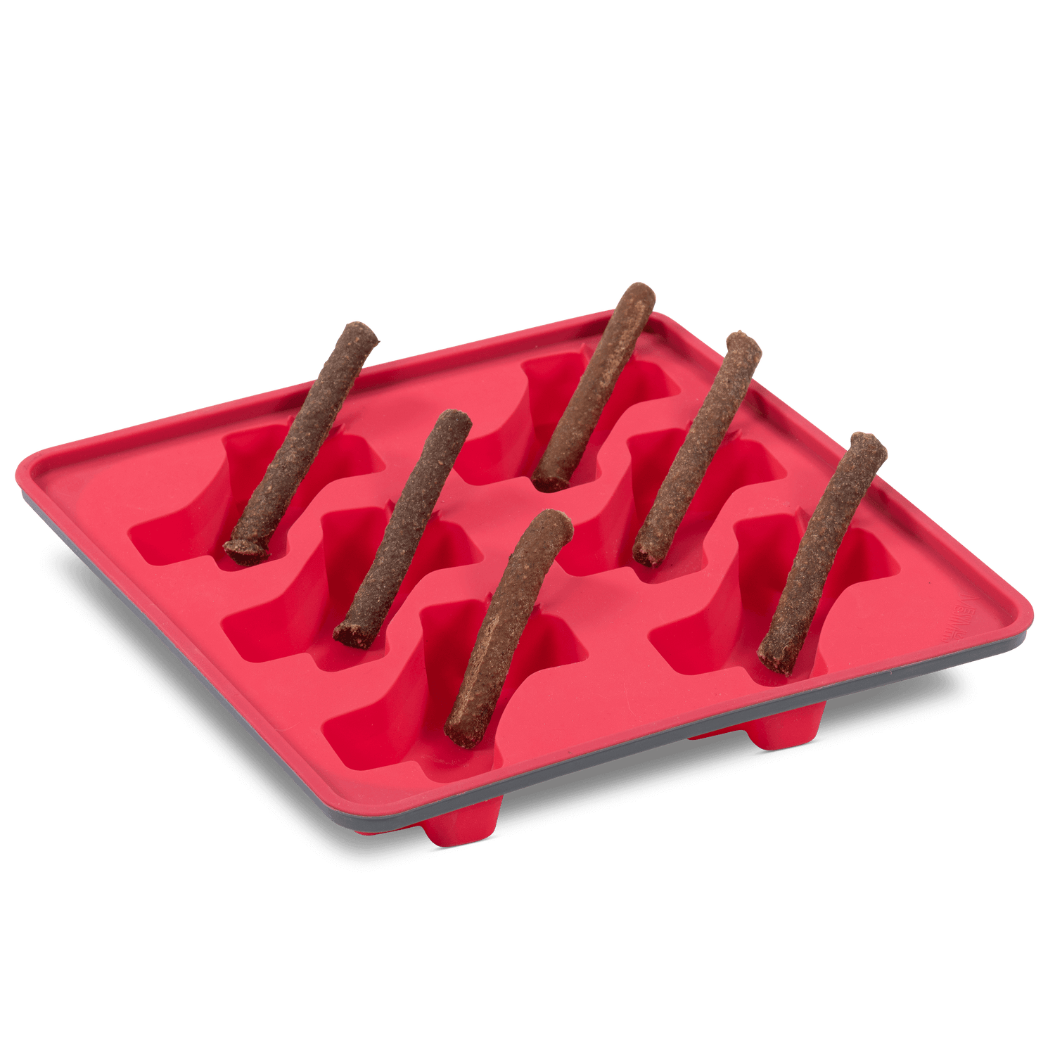 Red stackable silicone dog popsicle mold.  Edilble stick so the entire treat can be eaten!