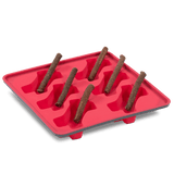 Red stackable silicone dog popsicle mold.  Edilble stick so the entire treat can be eaten!