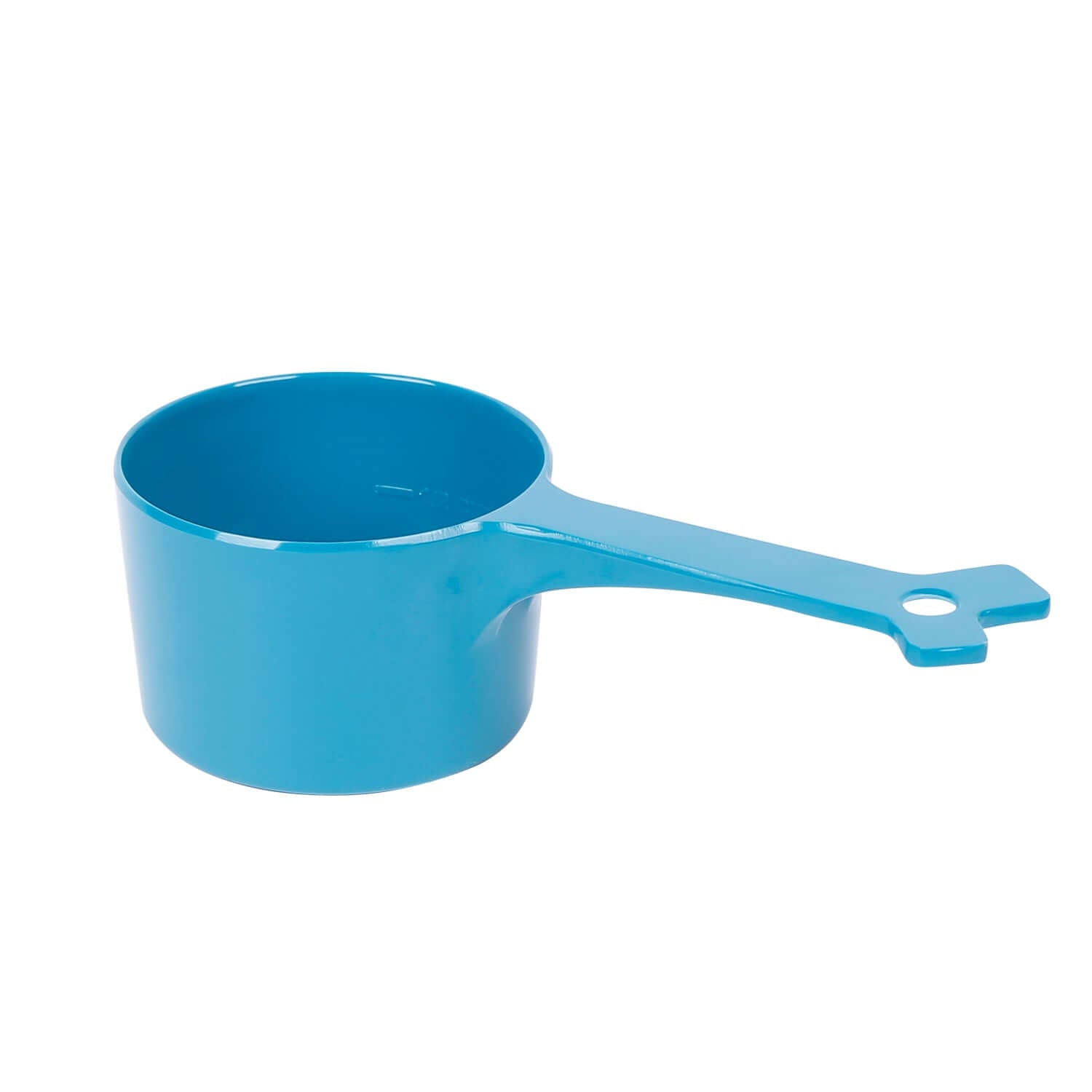 Blue melamine dog food scoop.  1 cup capacity with 1/2 cup fill line.  Dishwasher safe. 