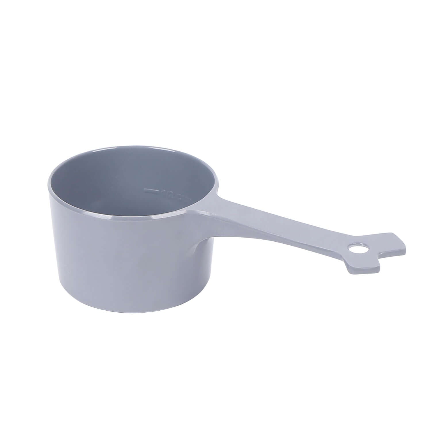 Melamine Grey dog food scoop.  1 cup capacity with  1/2 cup fill line. 