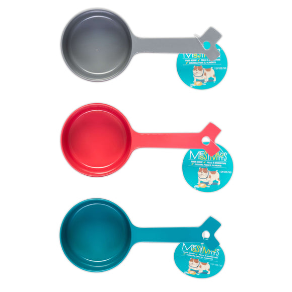 1 cup dog food scoop. Blue, red and grey colours.