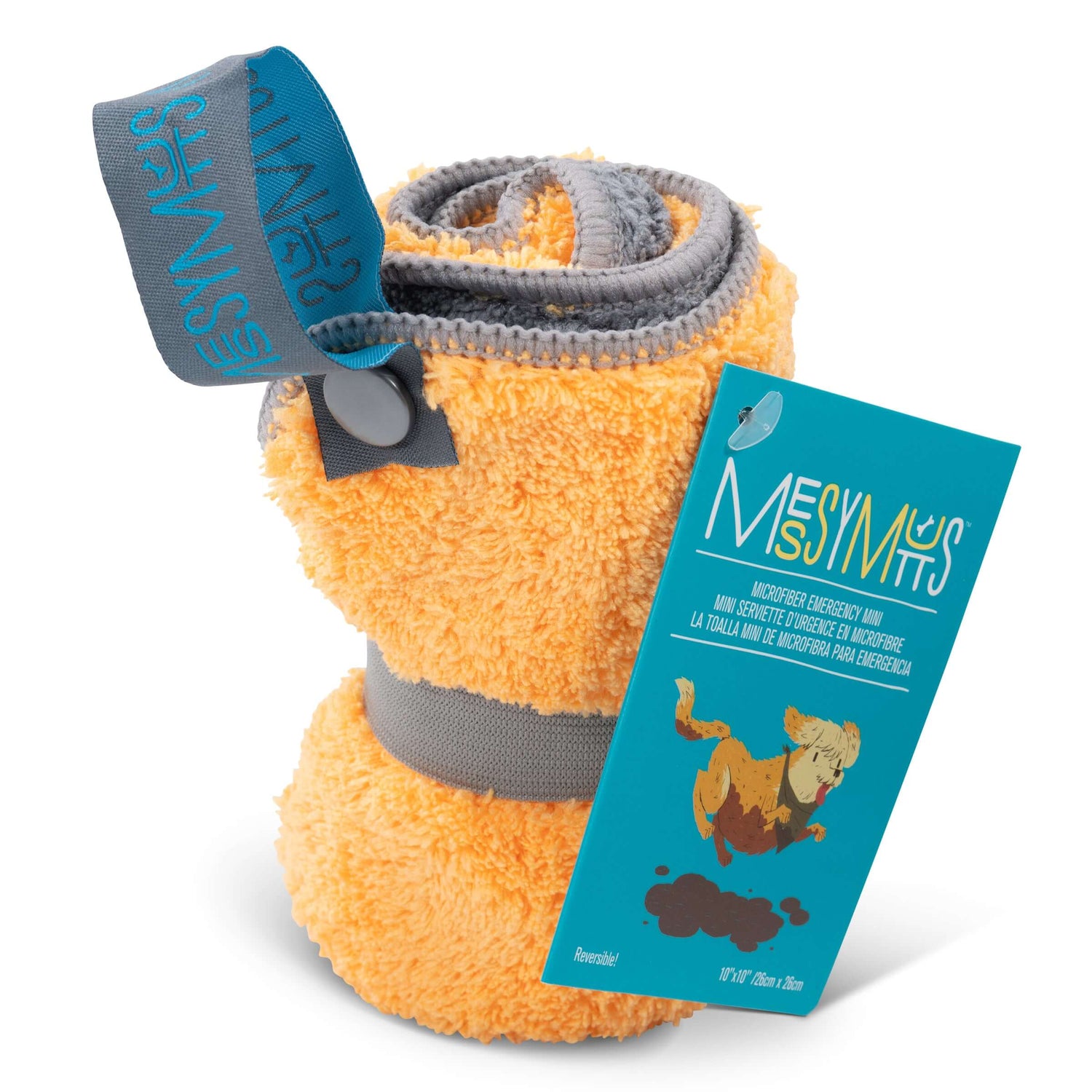 Microfiber mini dog towel that rolls up for storage and clips on to your leash or pack for easy access.