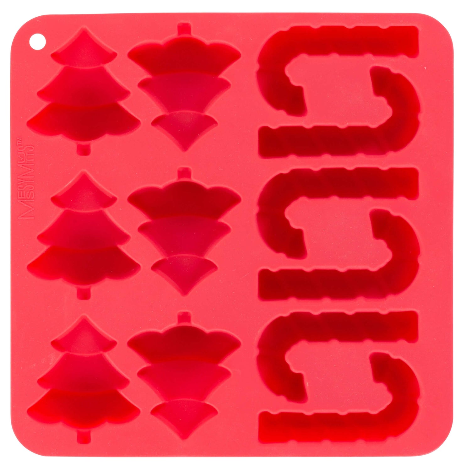 Red silicone holiday dog treat molds.  Candy canes and Christmas trees. 