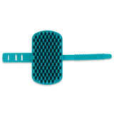Blue dog grooming brush with hand strap to stay secure. 