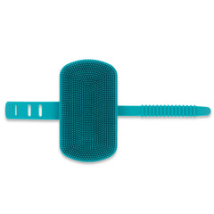 Blue silicone dog or cat grooming brush with hand strap .  Easy to clean.  