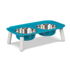 5 inch leg height of blue feeder.  Removable stainless steel bowls are dishwasher safe.  