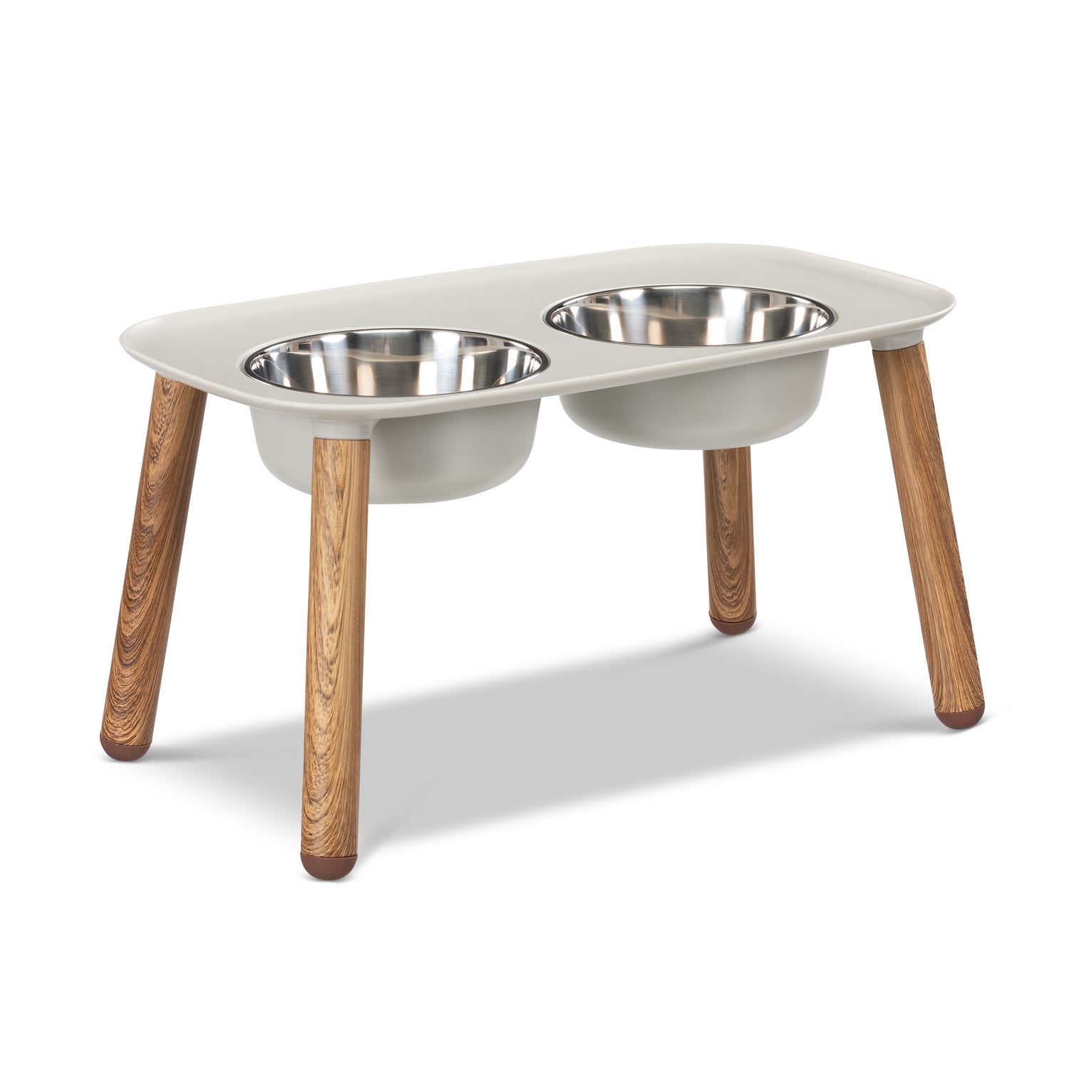 Light grey elevated double dog diner with 10 inch faux wood legs. 