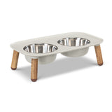 Light grey elevated double diner with 5 inch wood like legs. 