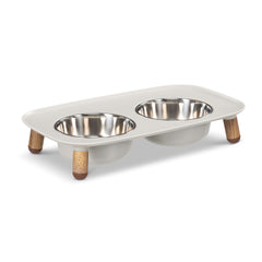 3 inch height dog dog diner.  Faux wood legs with silicone non slip feet.