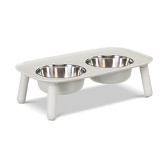 5 inch height elevated dog feeder with replacement stainless steel bowls. 