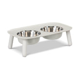 5 inch height elevated dog feeder with replacement stainless steel bowls. 