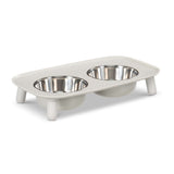3 inch light grey double dog bowl.  removable  staineless steel bowls , all pieces are dishwasher safe.