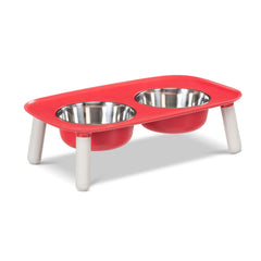5 inch elevated double dog bowl.  Removable stainelss steel bowls for easy cleaning.  Dishwasher safe. 