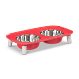 3 inch red double dog bowl. Space saving design.  Made to catch the mess. 