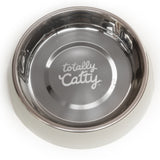 Light grey cat diner.  Suacer shape bowls to reduce whisker irritation and fatigue.  Non slip design. 